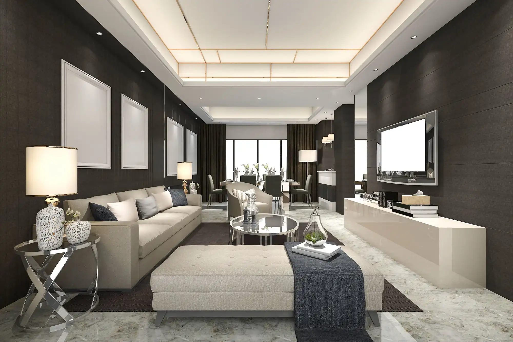 Illustration of a modern living and dining room with neutral furnishings